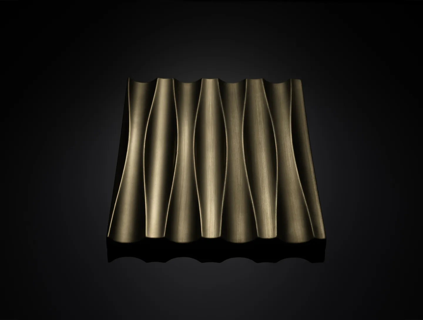 Liquid metal relief panel with vertical waves, photographed on black