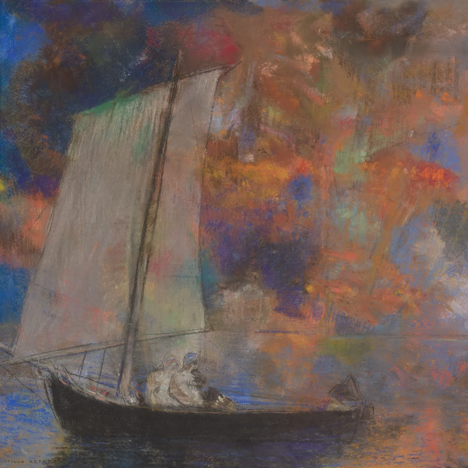 Odilon Redon, Flower Clouds, a pastel of a sailing boat under a field of coloured clouds