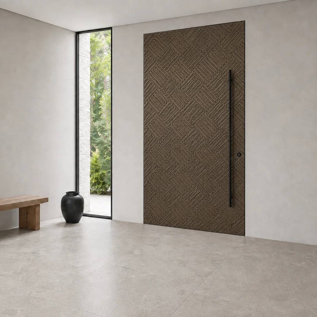 Entrance door finished in bronze Liquid Metal carrying the pattern