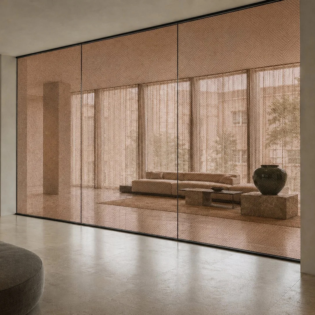 Glass partition with the pattern woven in copper