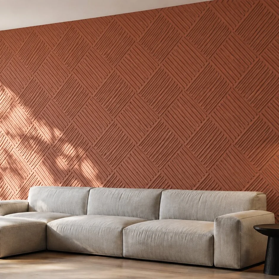 Living room wall in terracotta textured panels carrying the pattern in relief