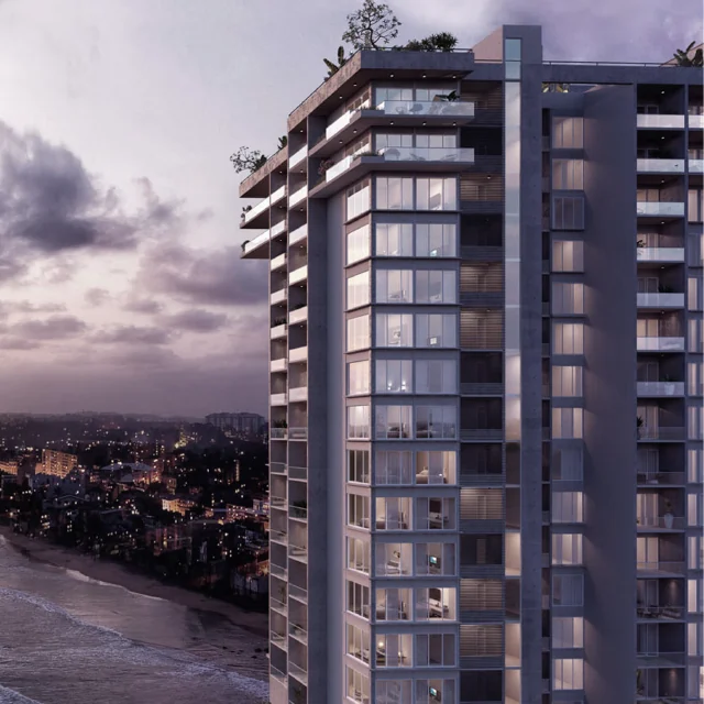 Residential tower at dusk, exterior visualisation