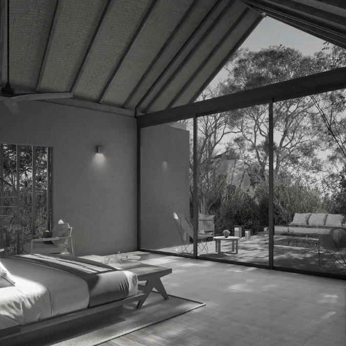Bedroom under a pitched timber ceiling, interior visualisation