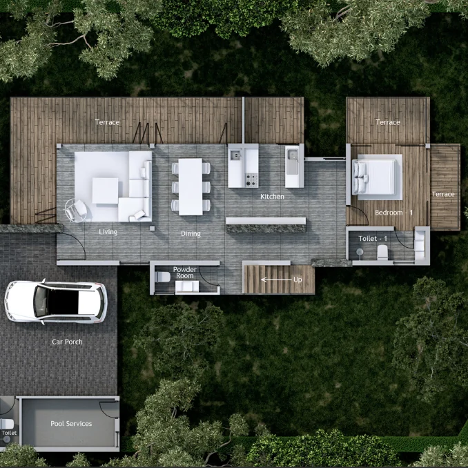 Rendered site plan of a house and its garden